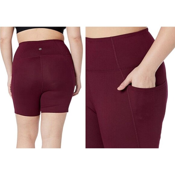 NWT Women High Waist Leggings Shorts Large Side Pockets Burgundy - Picture 1 of 16